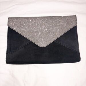 Black Silver Large Envelope Clutch Faux Suede Leather DSW IPad Case Evening Bag
